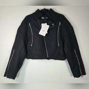 NEW ZARA MANTECO WOOL BLEND CROPPED BIKER JACKET.